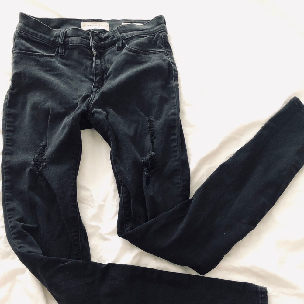 Distressed, black, PacSun skinny jeggings